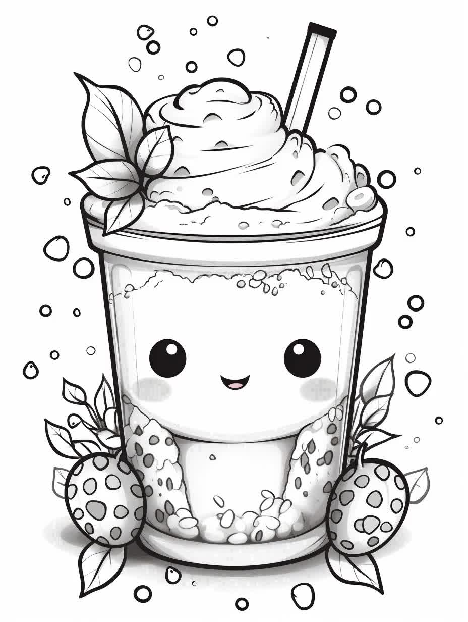 Cute kawaii boba tea coloring book for adults and kids grayscale coloring pages instant download printable pdf file instant download