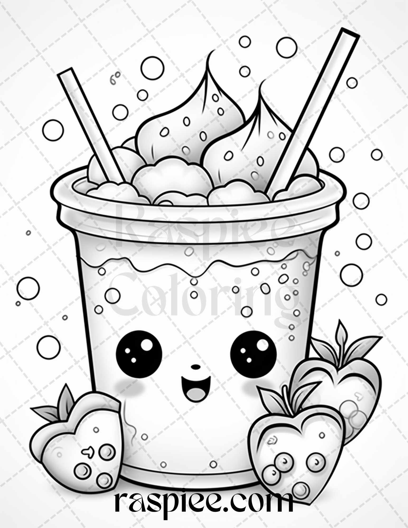 Cute kawaii boba tea grayscale coloring pages for adults and kids â coloring