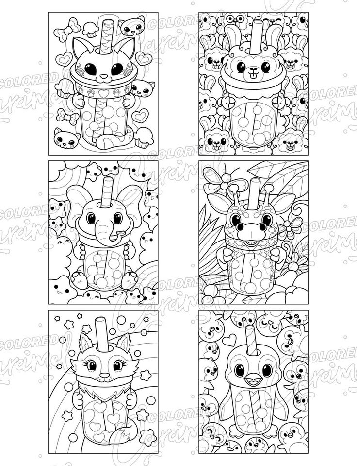 Kawaii bubble tea coloring book printable pdf instant digital download cute and playful colorable pages with animal boba cups to go