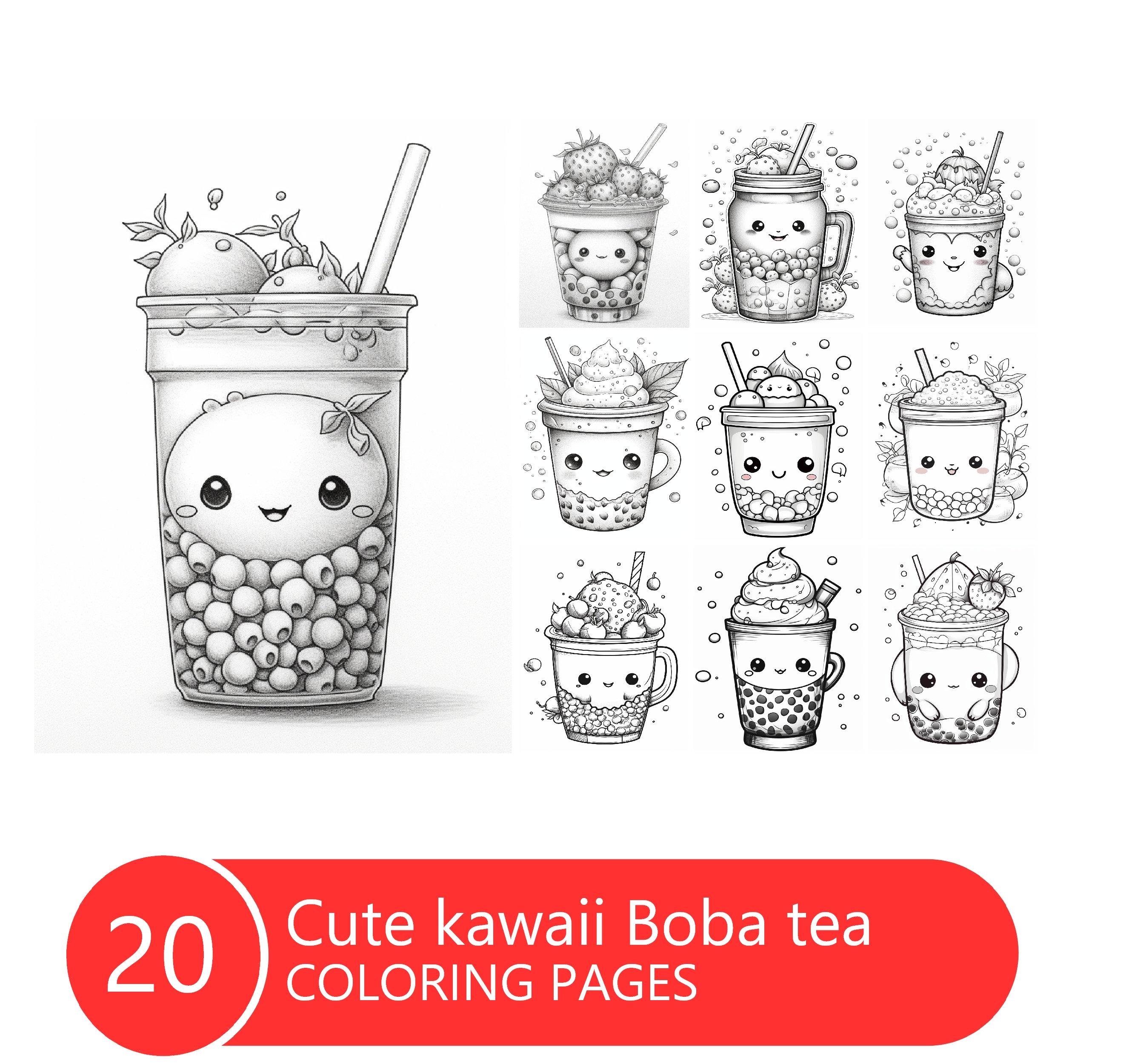 Cute kawaii boba tea coloring book for adults and kids grayscale coloring pages instant download printable pdf file instant download