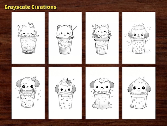 Animal boba tea coloring page book cat dog panda fox cute kawaii doodleprintable pdf sheets grayscale coloring adults kids