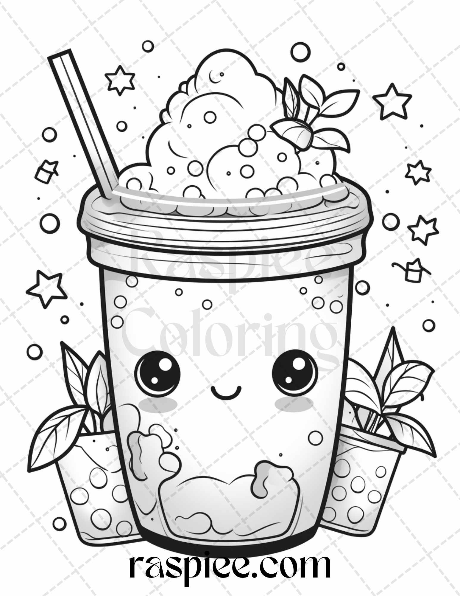 Cute kawaii boba tea grayscale coloring pages for adults and kids â coloring