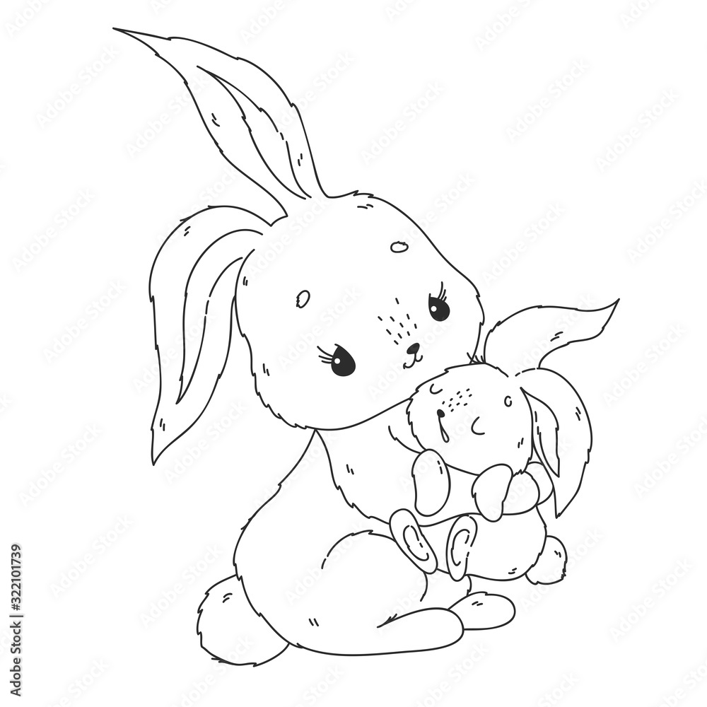 Coloring page with cute bunny mother and baby vector