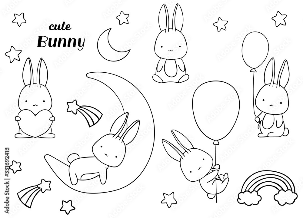 Coloring pages black and white set cute kawaii hand drawn bunny doodles vector