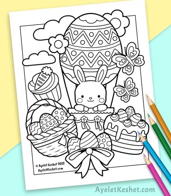 Kawaii easter coloring page with a flying bunny