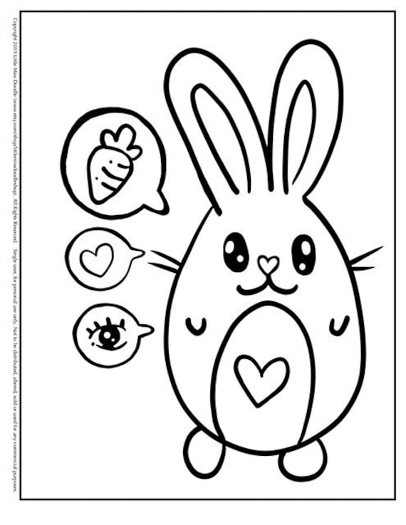 Rabbit i heart carrots doodle printable cute kawaii coloring page for kids and adults