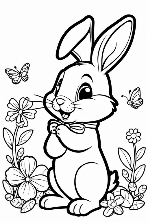 A cute childrens coloring book page of a cute bunny holding a basket of easter eggs in a flower garden crisp lines