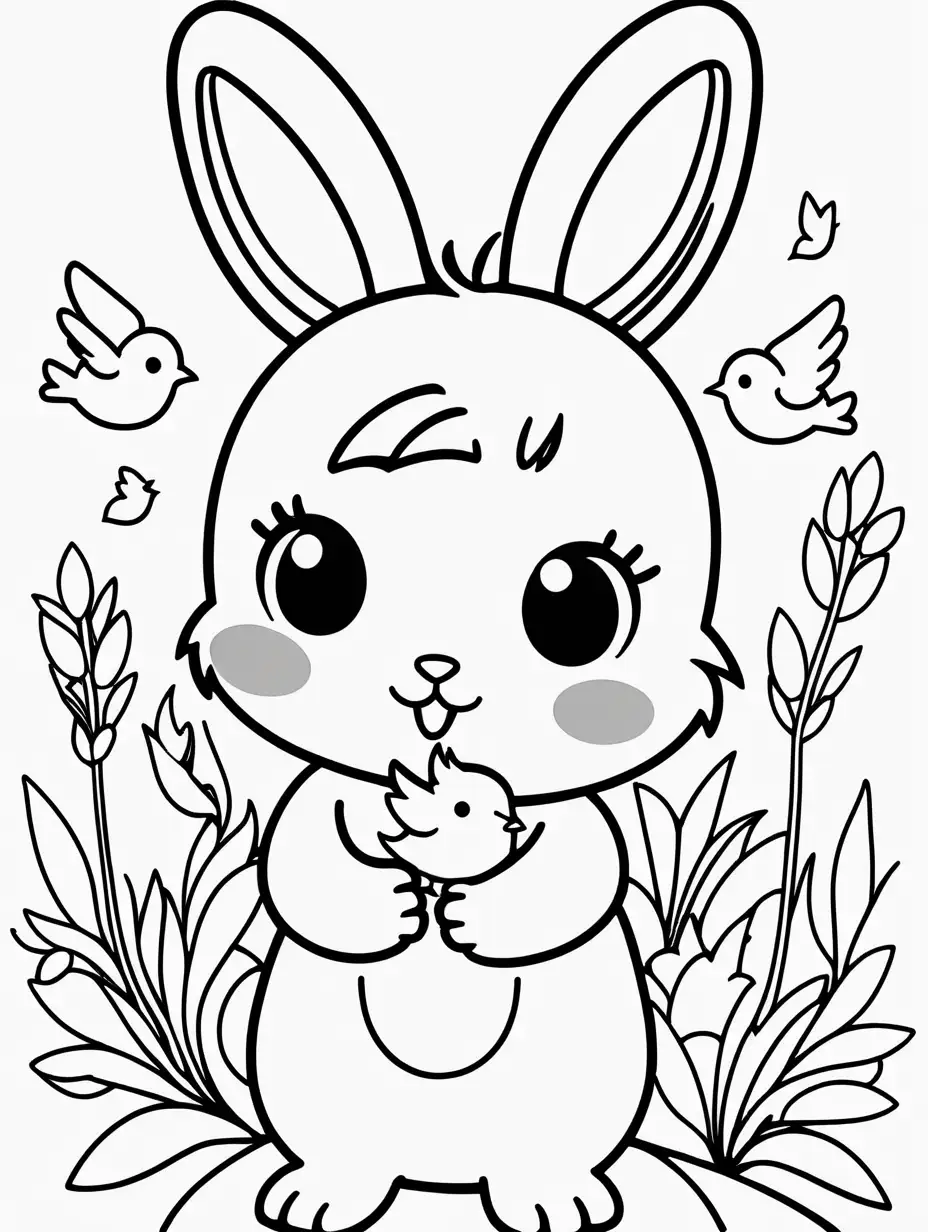 Adorable kawi bunny coloring page with singing bird muse