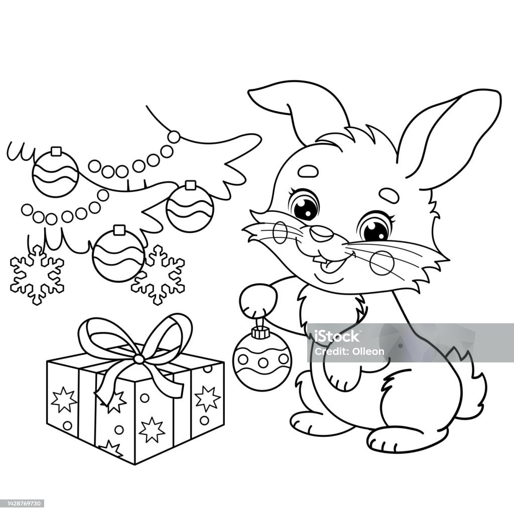 Coloring page outline of cute bunny or rabbit and christmas tree with gifts christmas new year coloring book for kids stock illustration