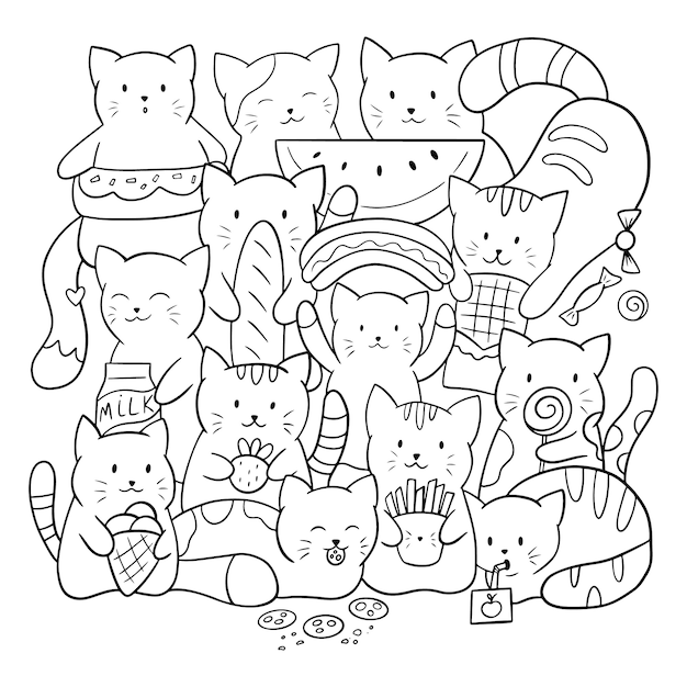 Premium vector doodle coloring page for children and adults cute kawaii cats with food and sweets black and white illustration