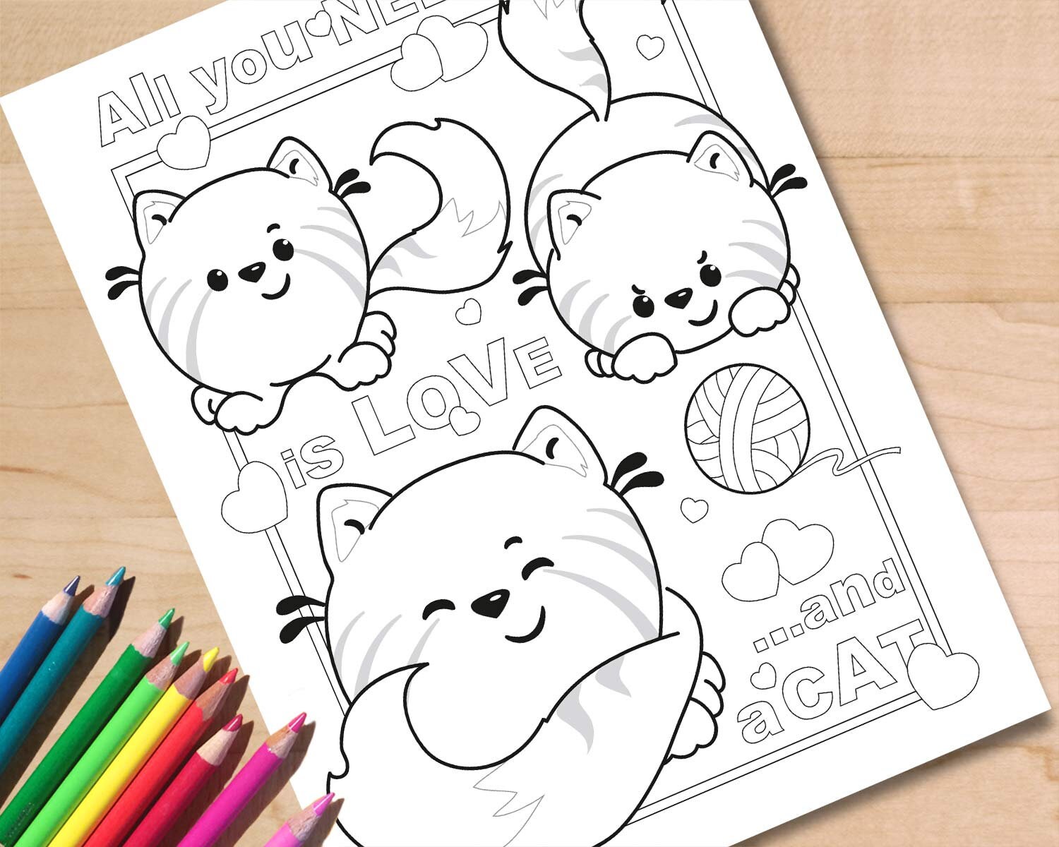 Kawaii cat coloring page printable adult colouring sheet kids activity page