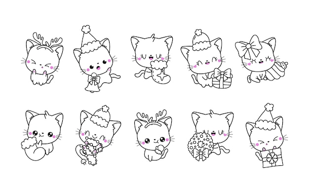 Premium vector set of vector christmas cat coloring page collection of kawaii isolated new year pet outline