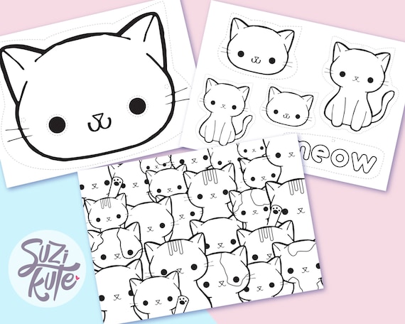 Kawaii cat printable coloring page cute cat doodle coloring page printable cat costume masks printable kids coloring sheet party masks