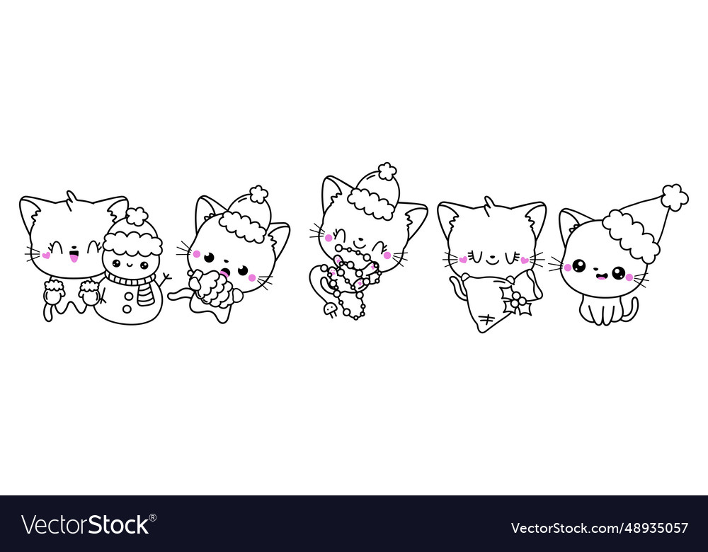 Set of kawaii christmas cat coloring page vector image