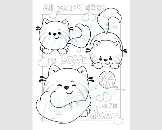 Kawaii cat coloring page printable adult colouring sheet kids activity page