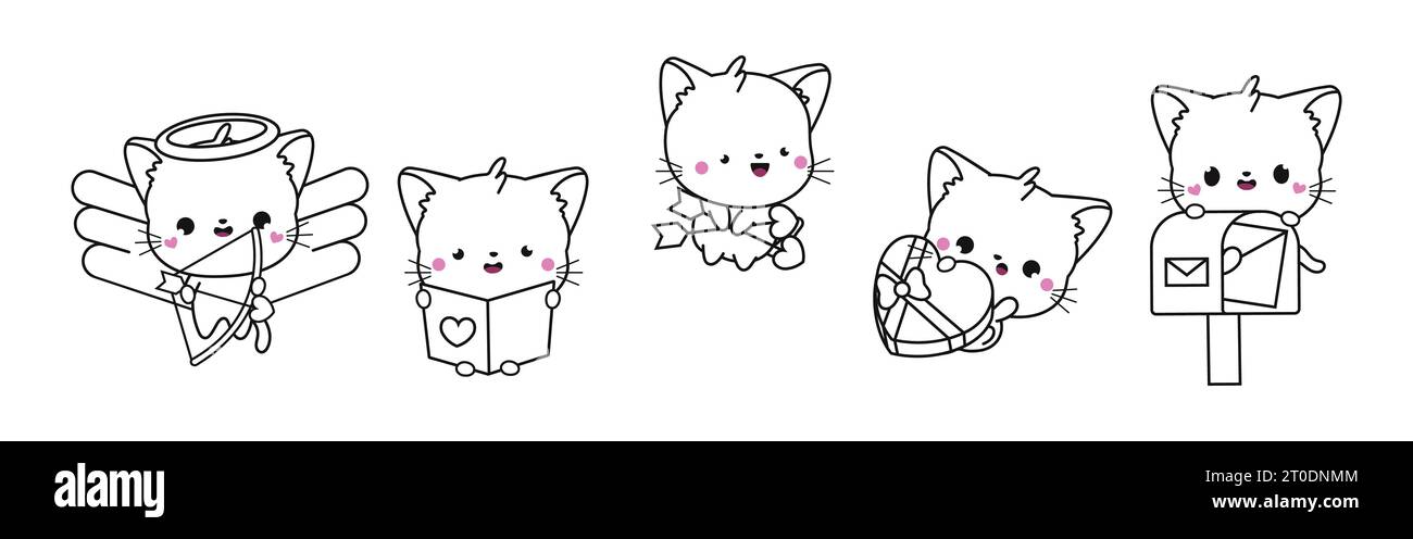 Set of kawaii cat coloring page illustrations collection of cute vector isolated kitty outline stock vector image art