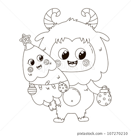 Cute coloring page with kawaii christmas