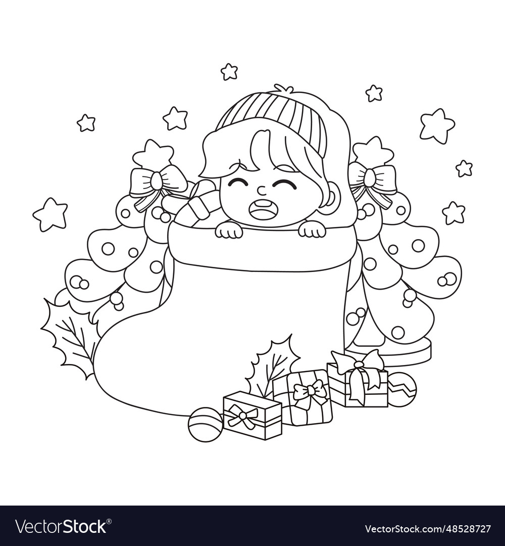 Hand drawn kawaii christmas coloring book illust vector image