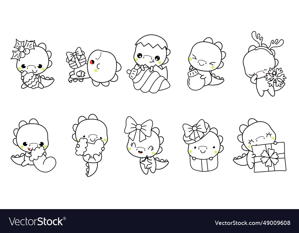 Set of kawaii christmas dino coloring page vector image