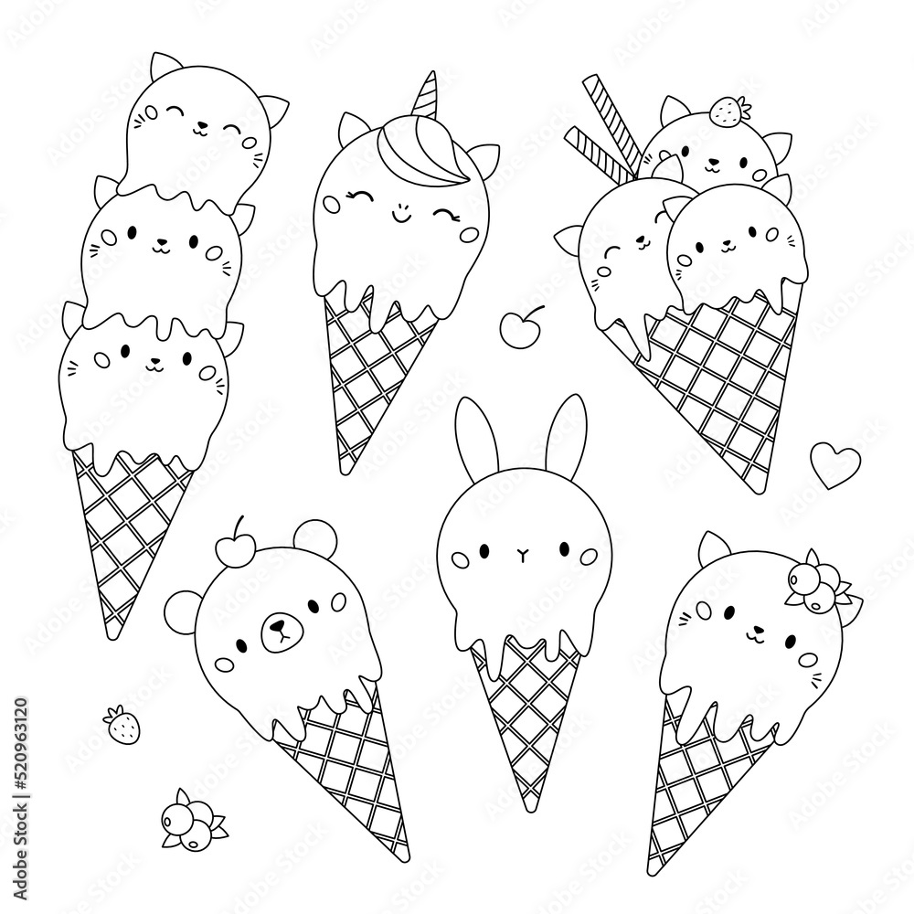 Kawaii coloring page with cute ice cream in waffle cone animal shaped different ice cream balls cartoon food dessert bakery product vector illustration for coloring book vector