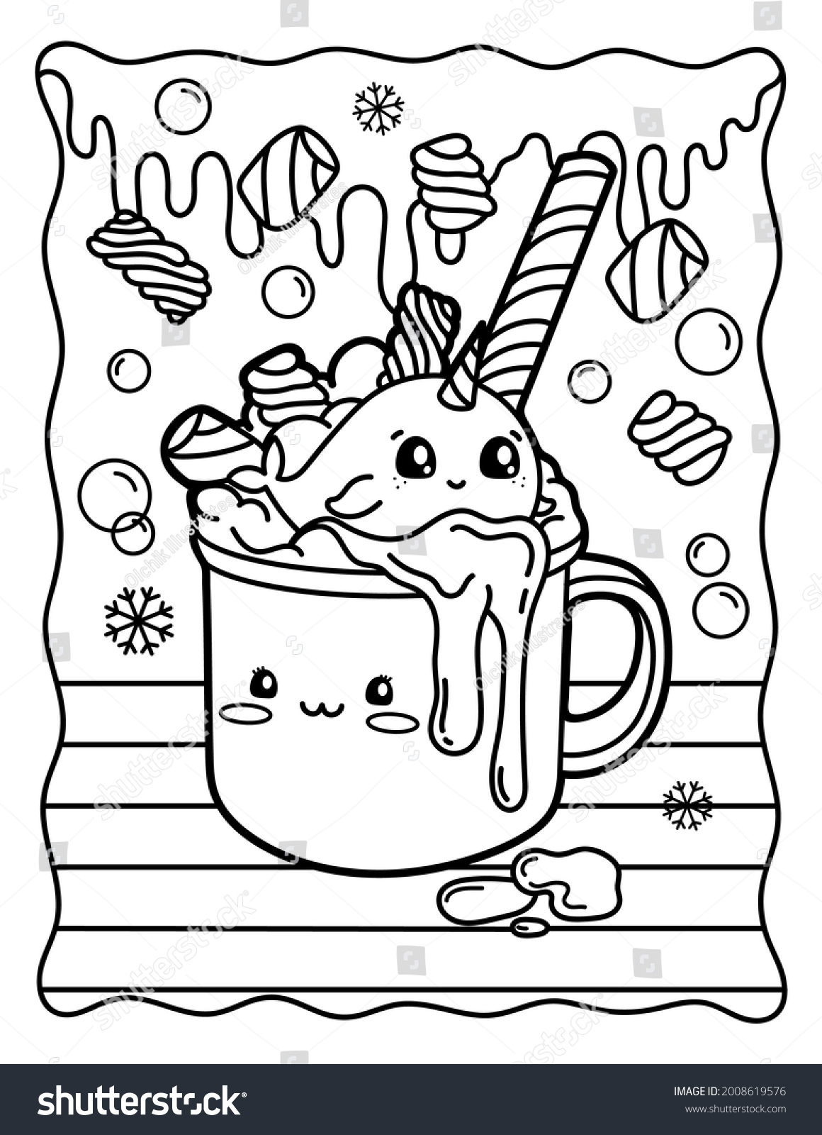 Kawaii coloring page whale cup cocoa stock illustration