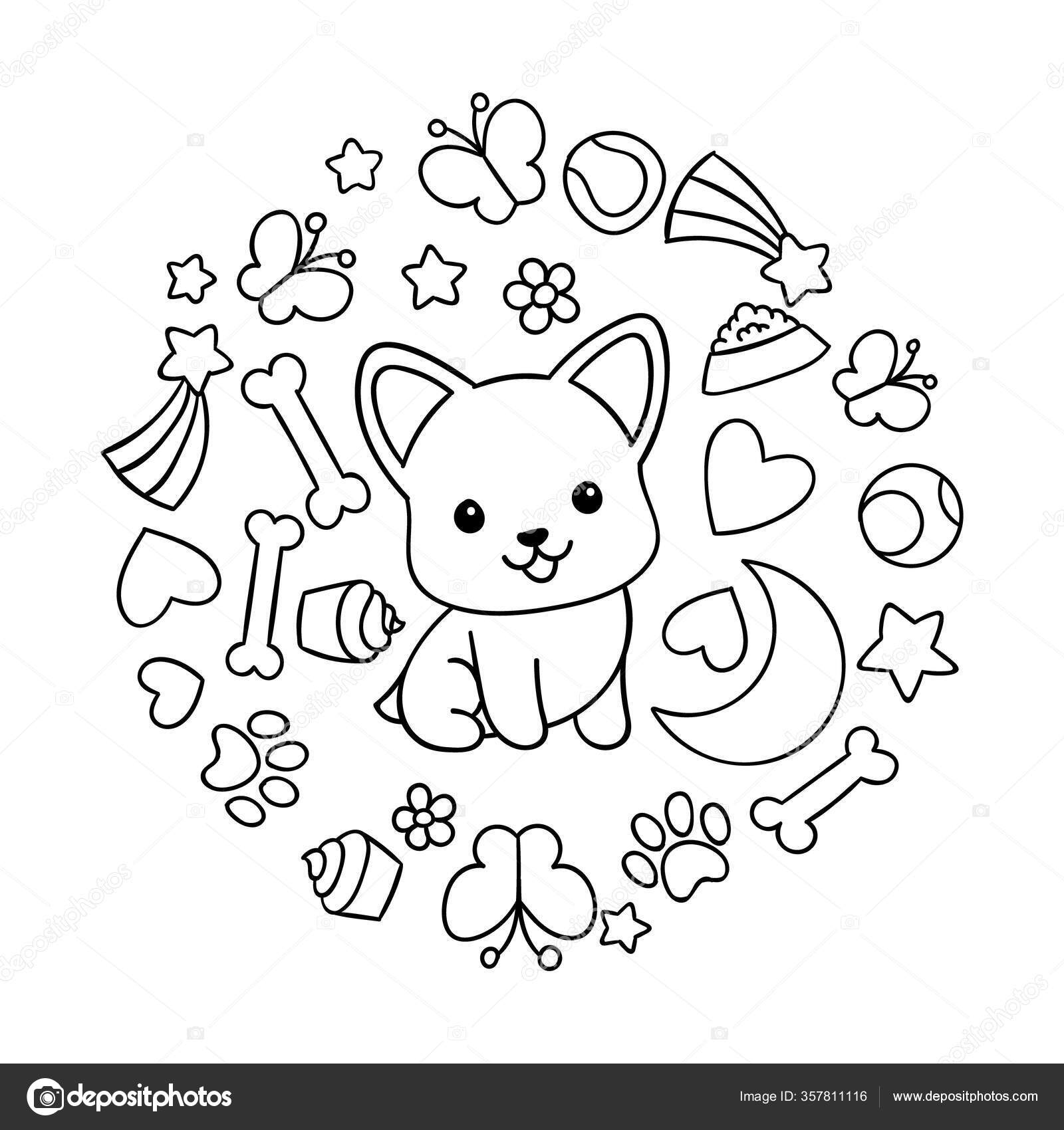 Coloring pages black white cute kawaii hand drawn corgi dog stock vector by dikabrina
