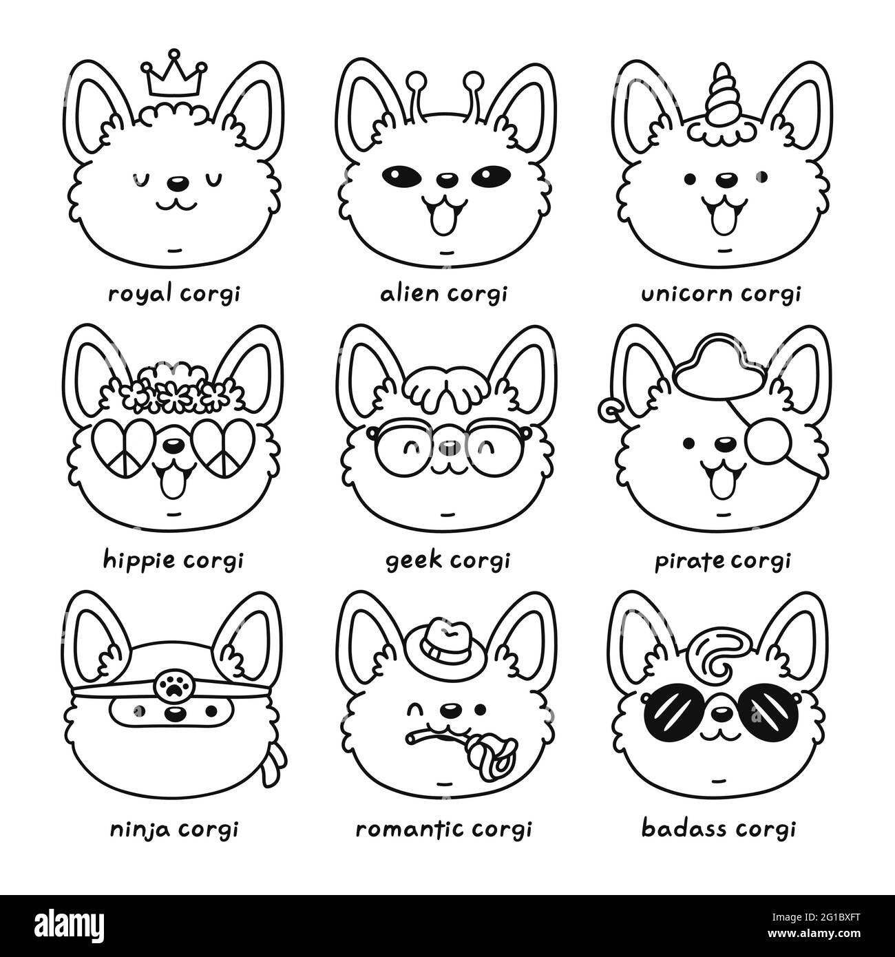 Cute happy corgi dog face set collection vector line cartoon kawaii character icon hand drawn style
