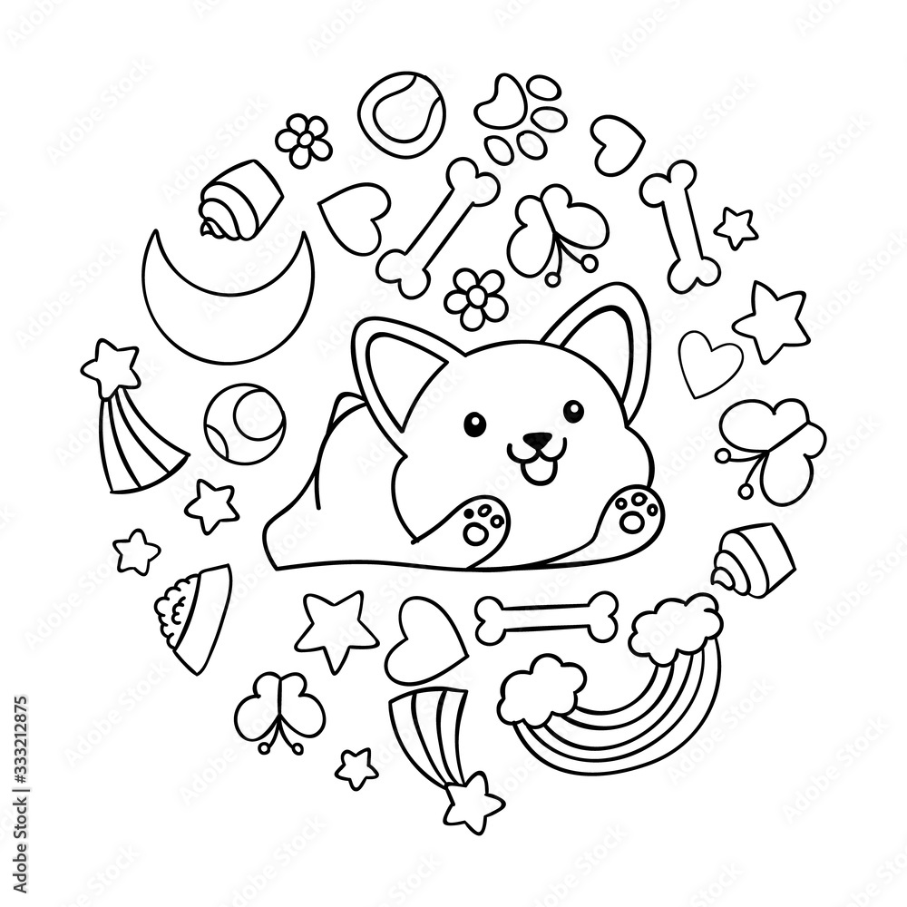 Coloring pages black and white cute kawaii hand drawn corgi dog doodles circle print vector