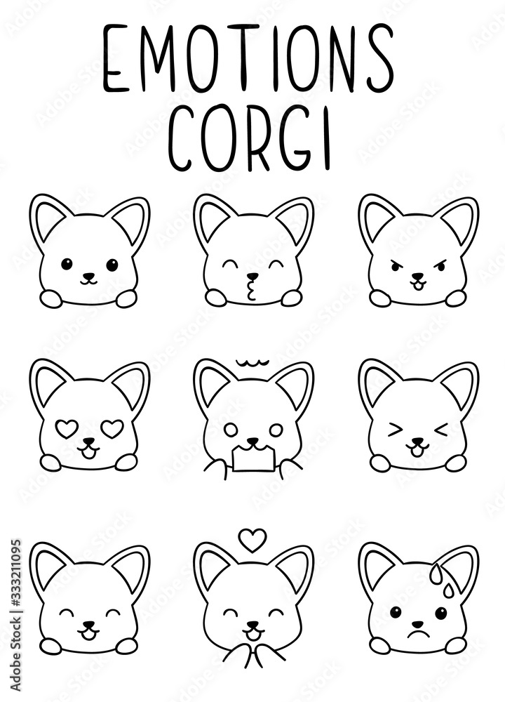 Coloring pages black and white cute kawaii hand drawn emotions corgi dog doodles vector