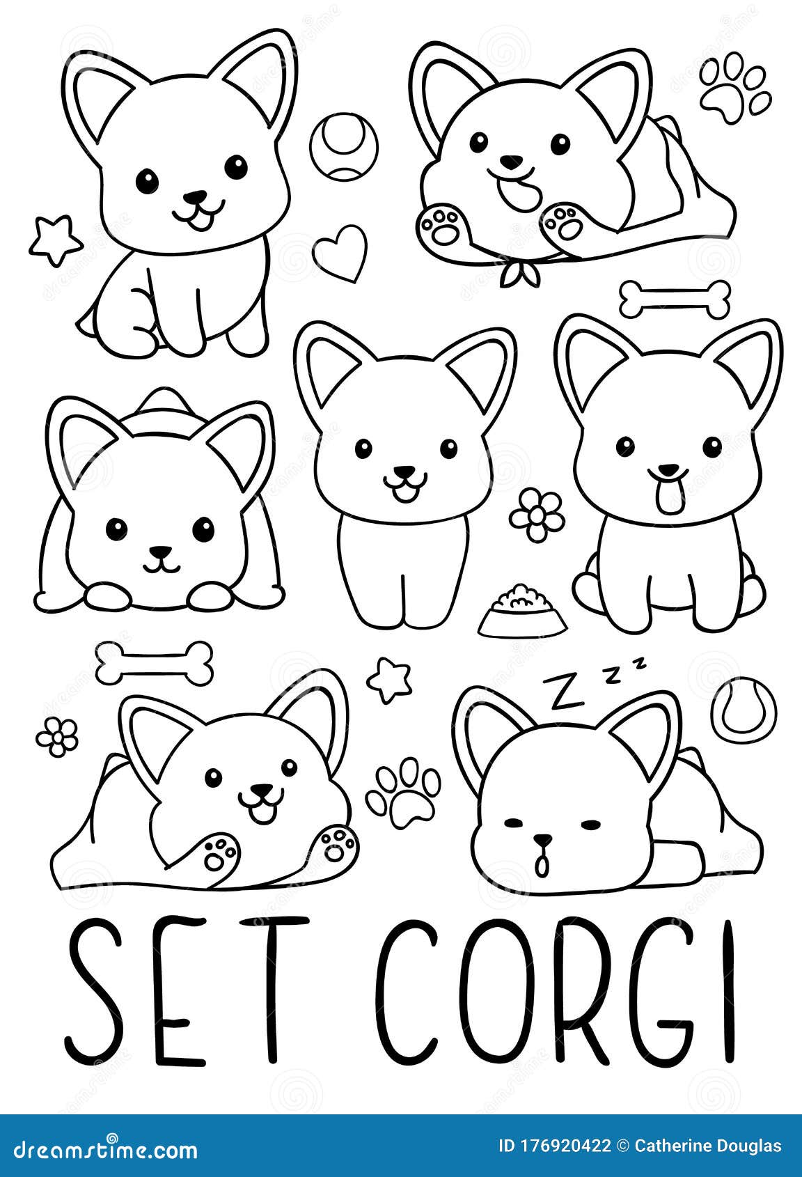 Coloring pages black and white set cute kawaii hand drawn corgi dog doodles stock vector
