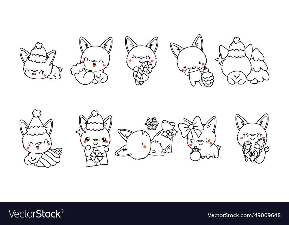Set of kawaii christmas corgi dog coloring page vector image