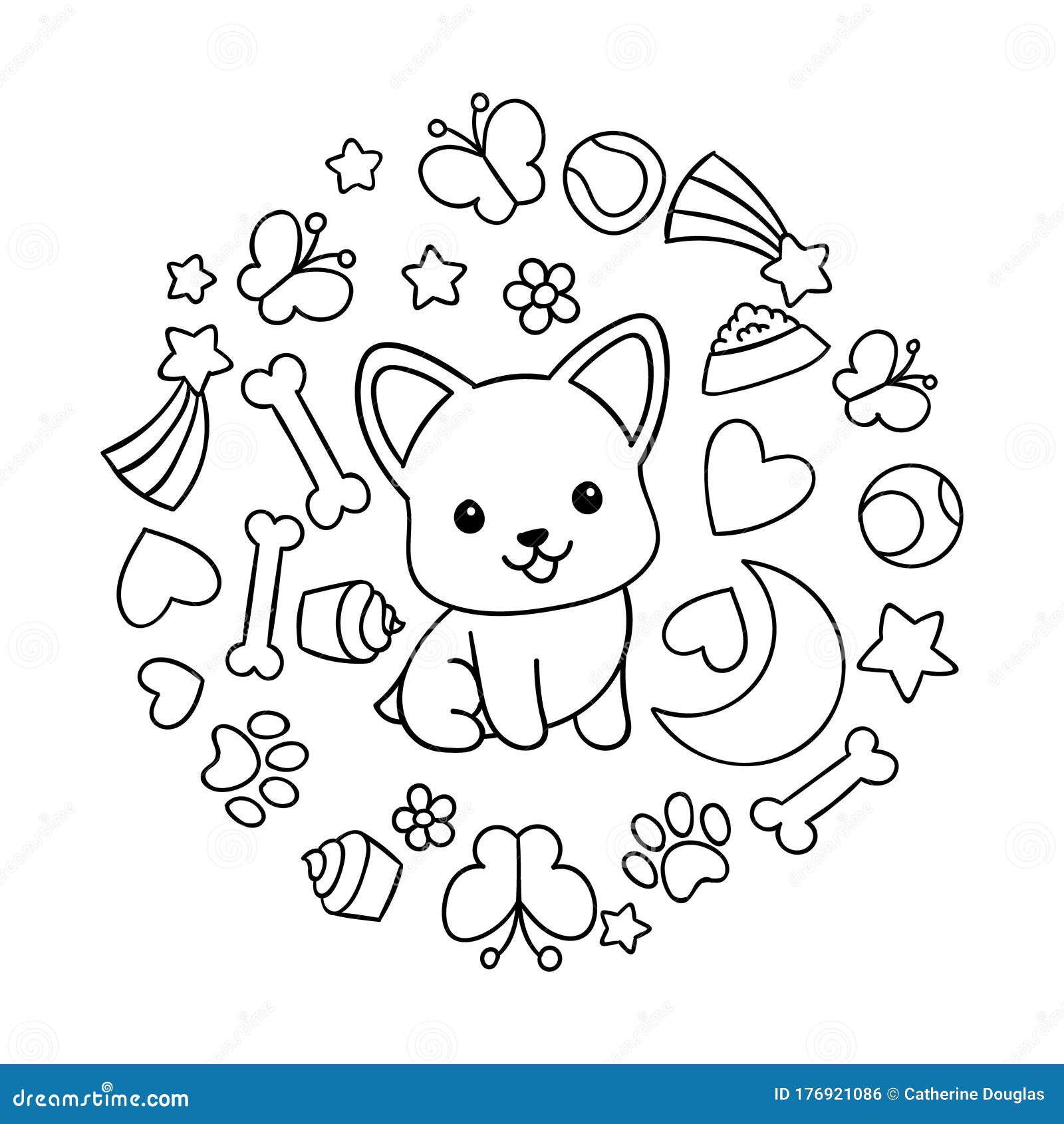 Coloring pages black and white cute kawaii hand drawn corgi dog doodles circle print stock vector