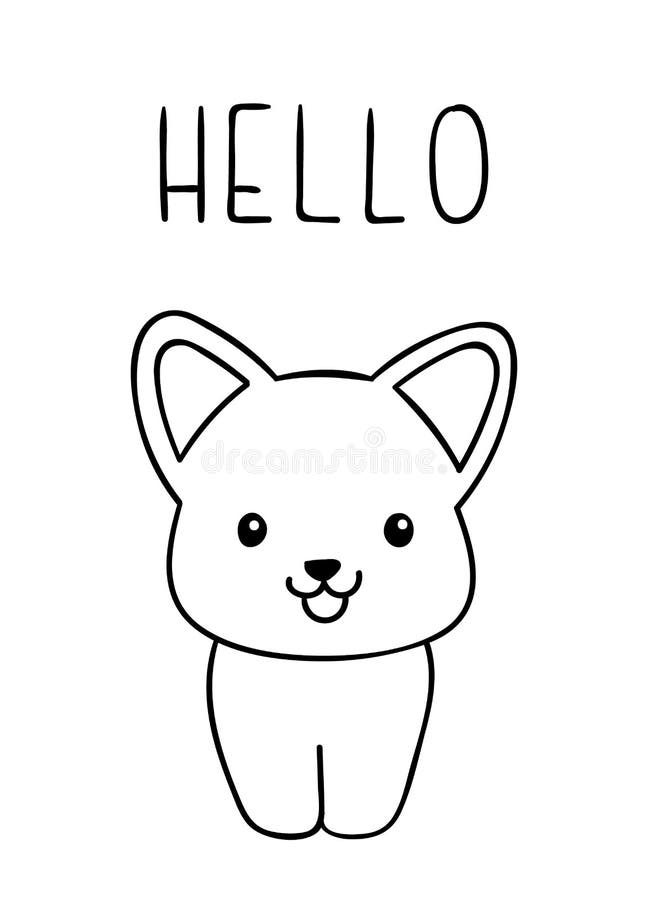 Coloring pages black and white cute kawaii hand drawn corgi dog doodles lettering hello stock vector