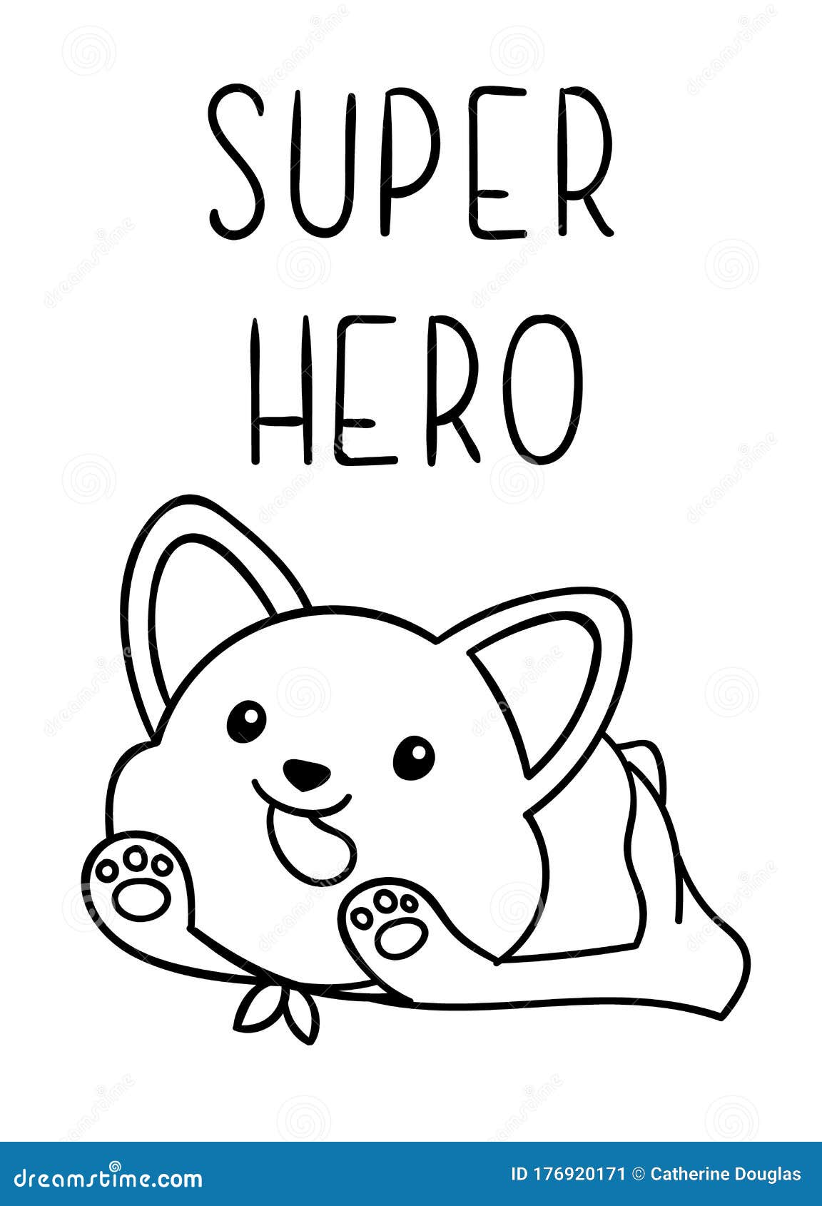 Coloring pages black and white cute kawaii hand drawn corgi dog doodles lettering super hero stock vector