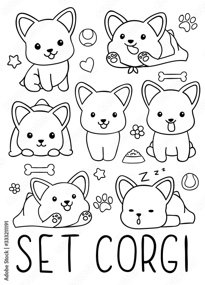 Coloring pages black and white set cute kawaii hand drawn corgi dog doodles