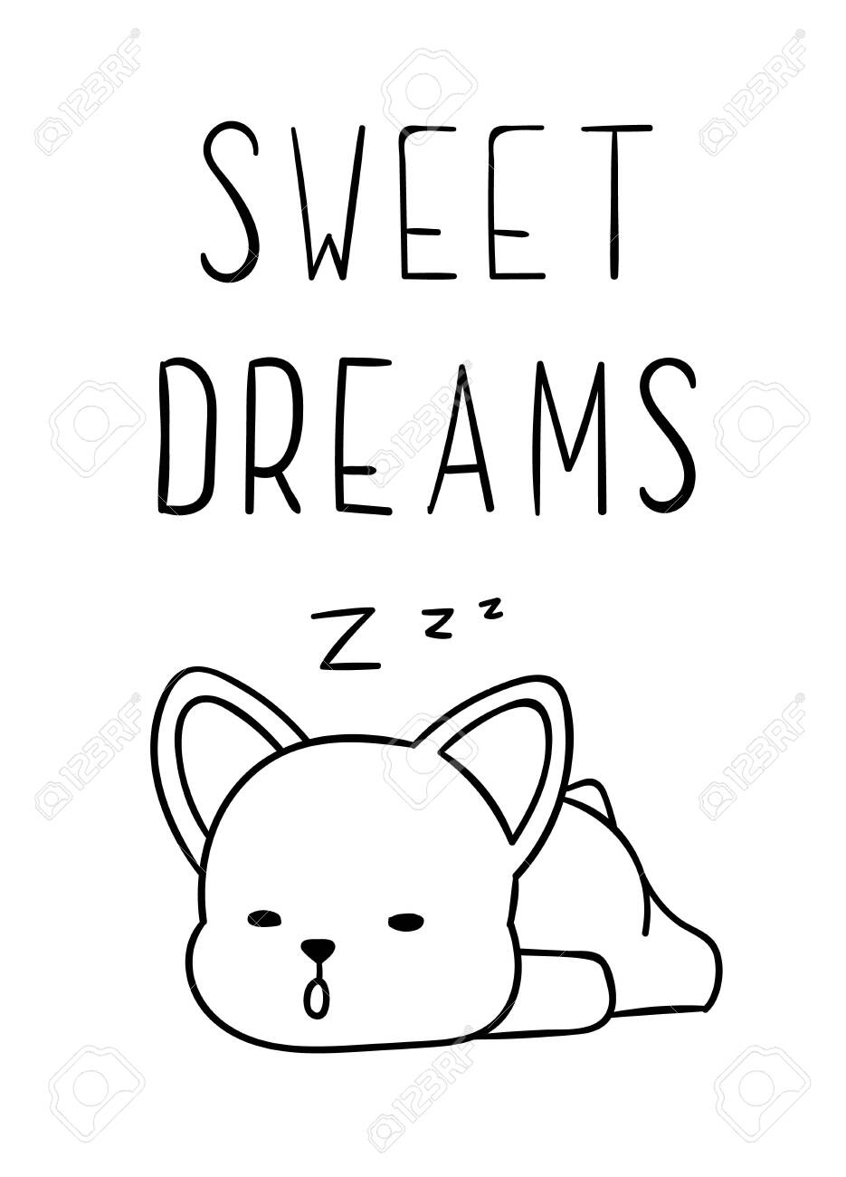 Coloring pages black and white cute kawaii hand drawn corgi dog doodles lettering sweet dreams print royalty free svg cliparts vectors and stock illustration image