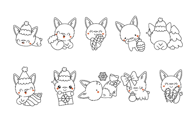 Premium vector set of kawaii christmas corgi dog coloring page collection of cute vector christmas puppy outline