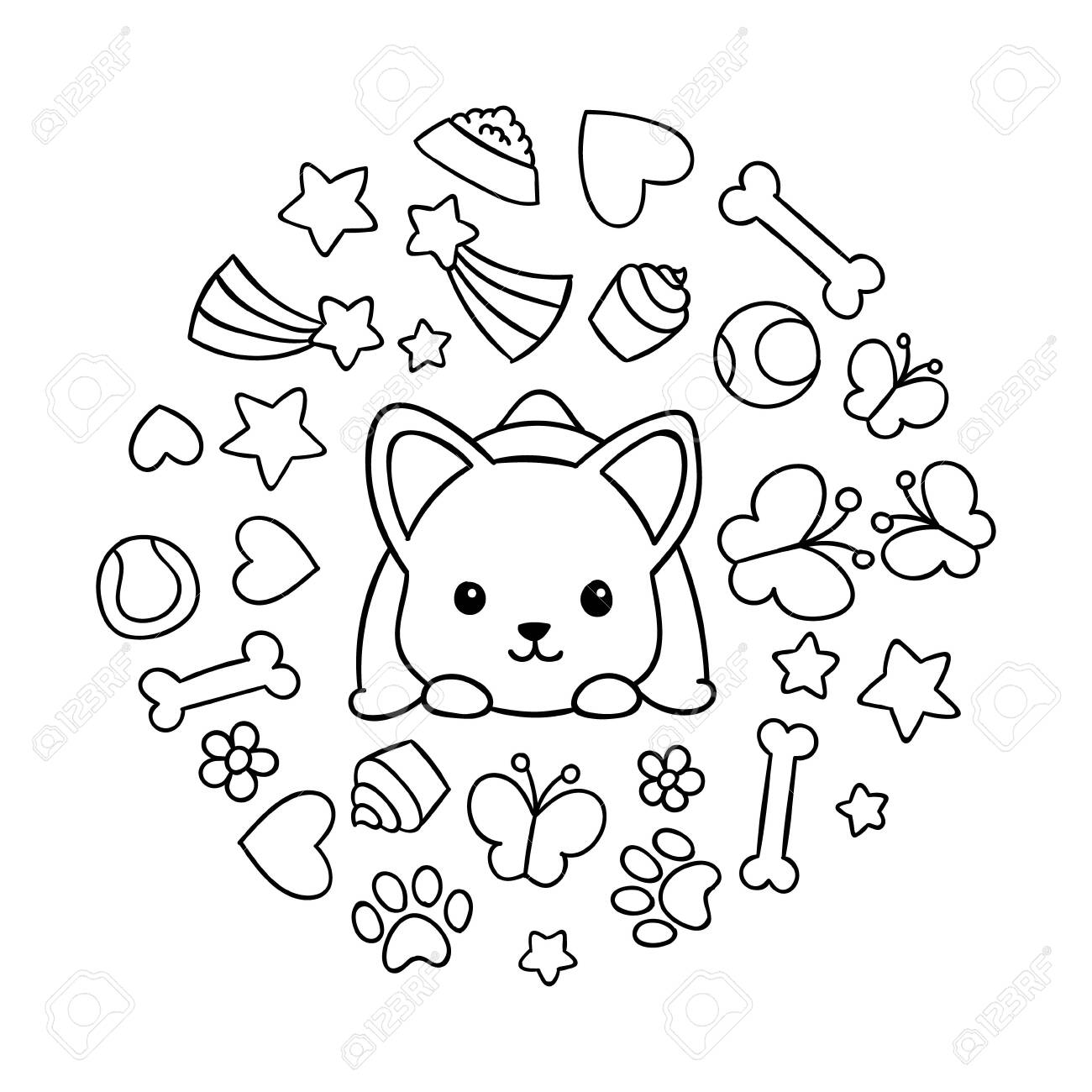 Coloring pages black and white cute kawaii hand drawn corgi dog doodles circle print print royalty free svg cliparts vectors and stock illustration image