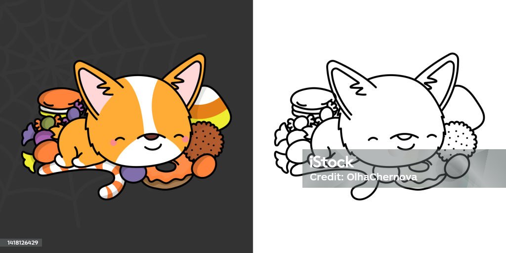 Cute halloween corgi dog clipart for coloring page and illustration happy clip art halloween puppy cute vector illustration of a kawaii halloween animal character with sweets stock illustration
