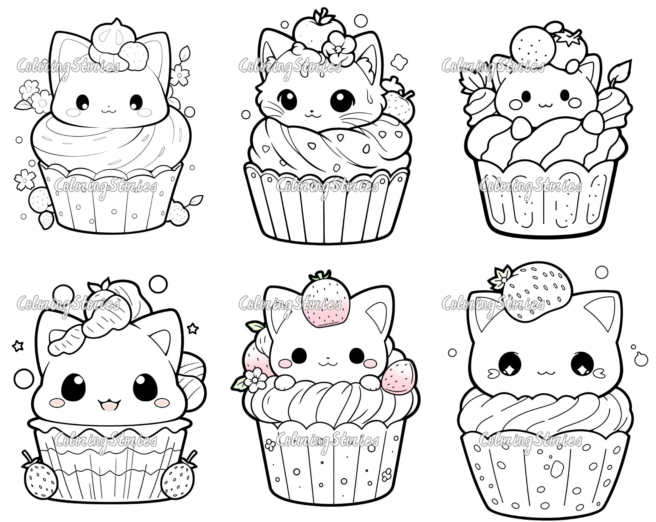 Cute kawaii cupcakes cats coloring pages adults and kids grayscale book gift anime coloring pages