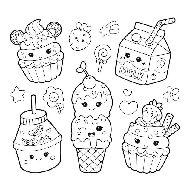 Premium vector cute sweet food and drink kawaii characters cartoon coloring pages cute coloring pages summer coloring pages