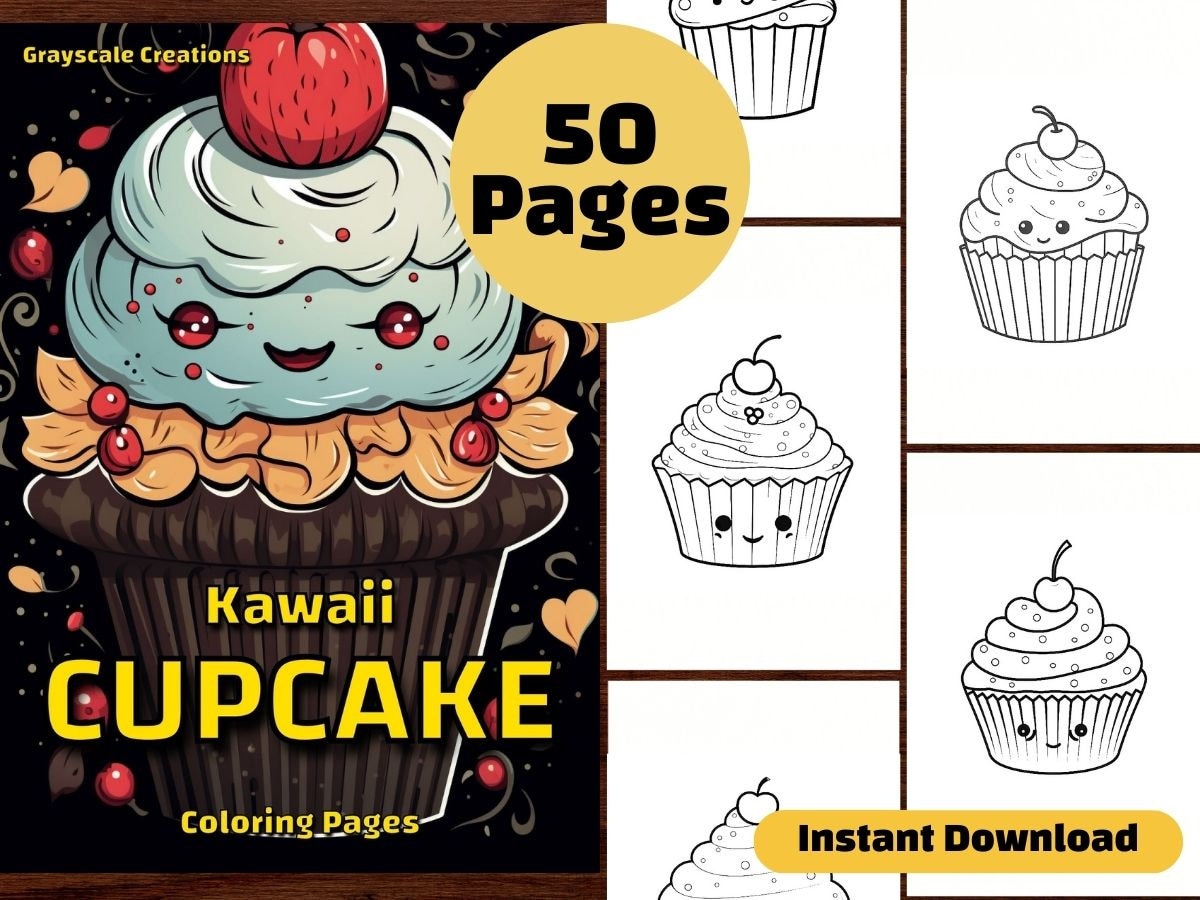 Cupcake coloring page book sweet cake food cute kawaii doodle birthday activity printable pdf sheet grayscale coloring adults kid