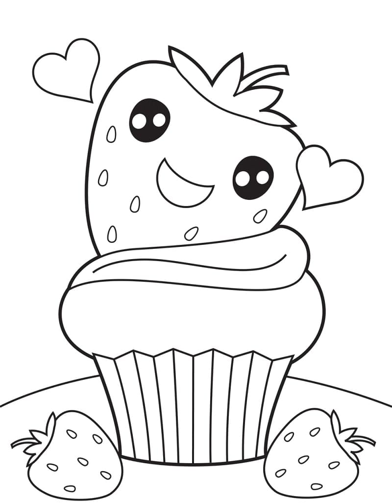 Kawaii strawberry cupcake coloring page