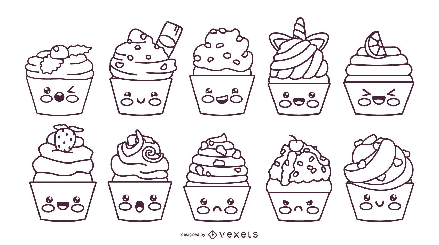 Kawaii cupcakes stroke set vector download