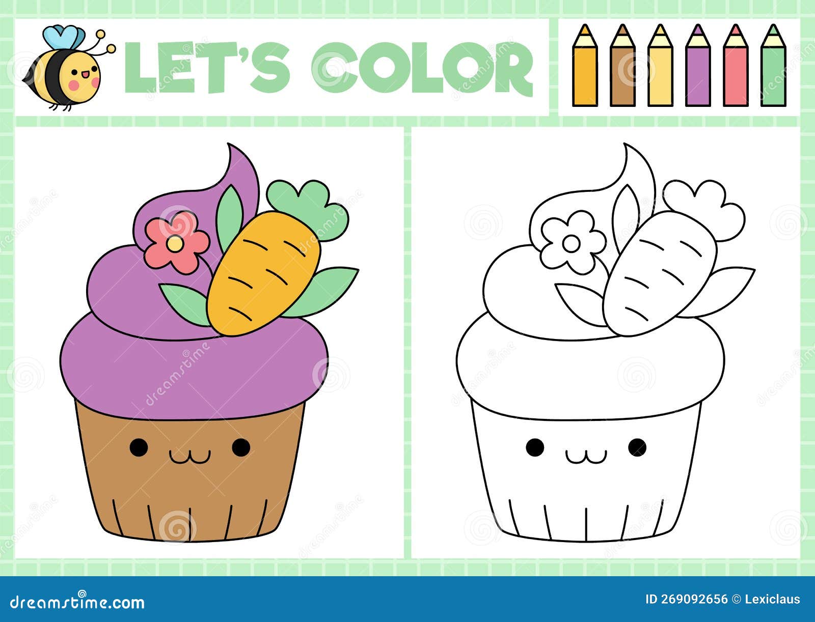 Easter coloring page for children with cute kawaii cupcake with carrot vector spring holiday outline illustration stock vector