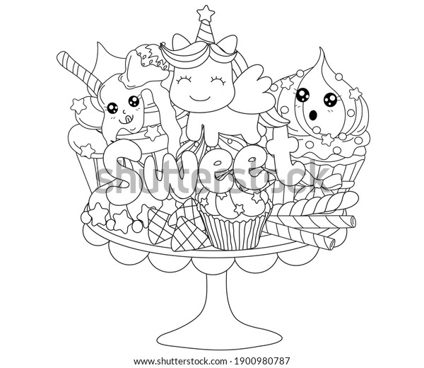 Sweet word cute unicorn kawaii cupcakes stock vector royalty free