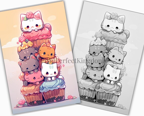 Cute kawaii cupcakes cats coloring pages adults and kids grayscale book gift anime coloring pages instant download printable pdf