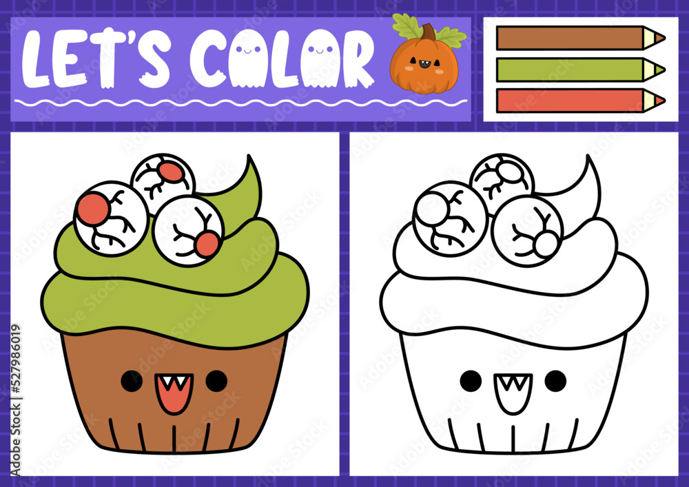 Halloween coloring page for children with cute kawaii scary cupcake vector autumn holiday outline illustration color book for kids with colored example drawing skills printable worksheet vector