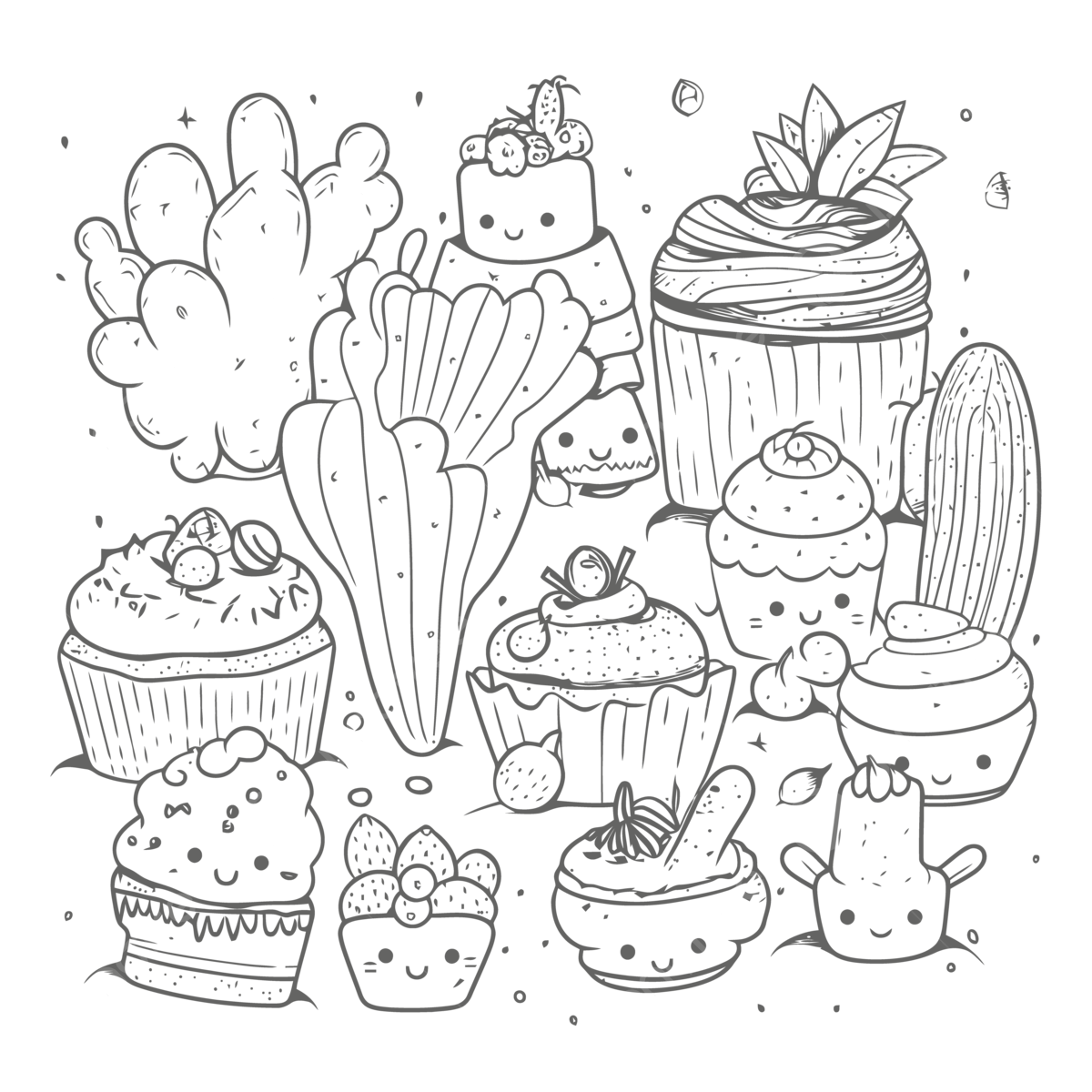 Cute coloring pages kawaii in a cupcake design with cute kawaii animals and cactus designs outline sketch drawing vector animal drawing kawaii drawing cake drawing png and vector with transparent background for