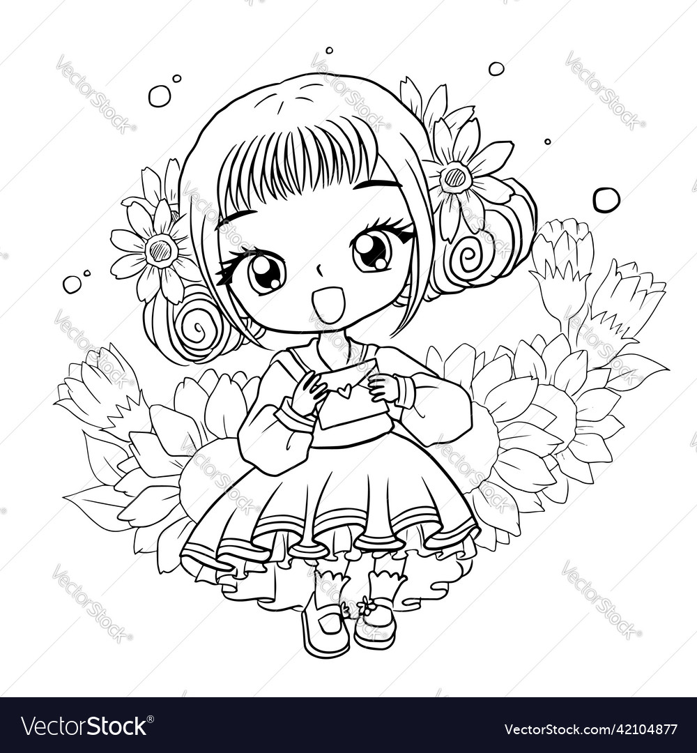 Coloring page princess kawaii style cute anime vector image